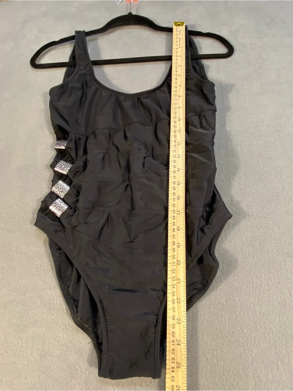 Venus black one piece swimsuit with side cuts silver embellishments, size 8